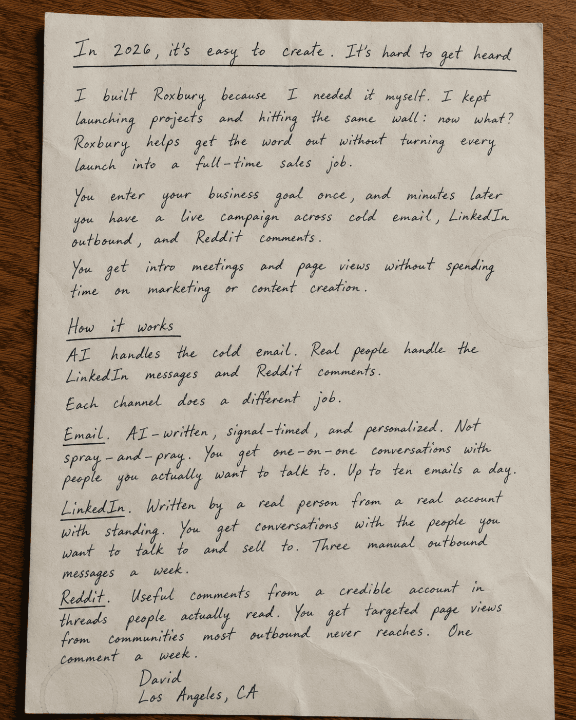 Handwritten letter from David explaining Roxbury.