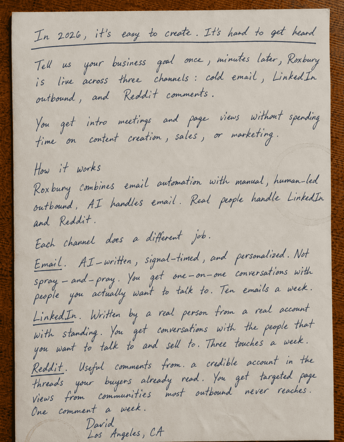 Handwritten letter from David explaining Roxbury.
