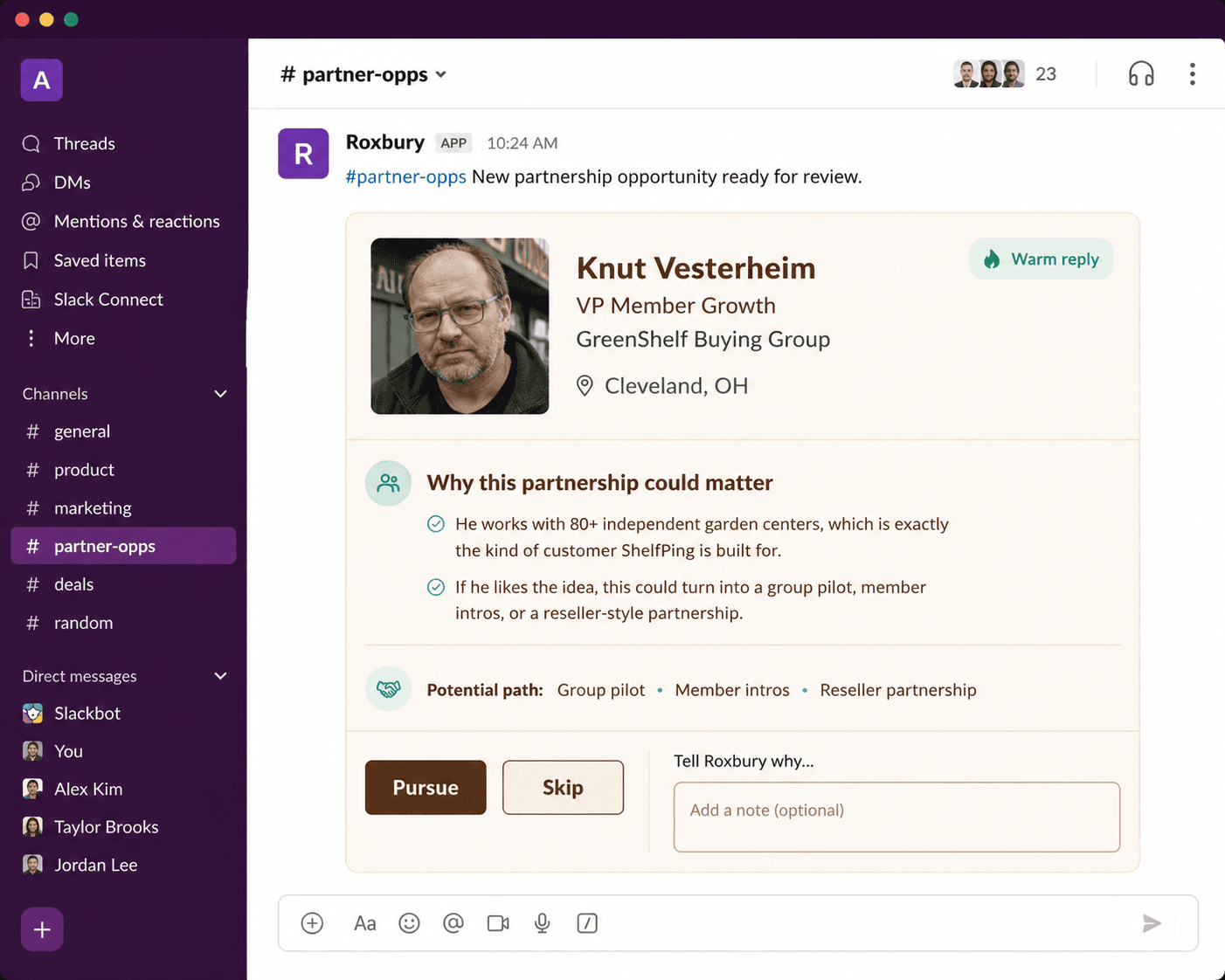Example Slack message from Roxbury surfacing a partnership opportunity with a Pursue or Skip action.